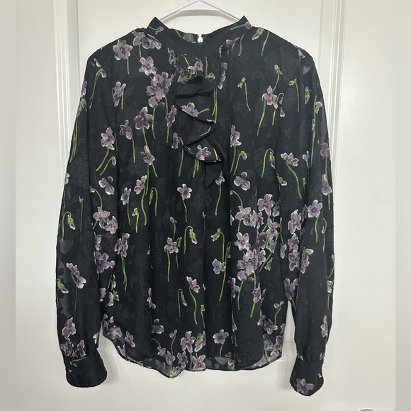 Lauren Ralph Lauren Floral Ruffle Blouse Black Purple Sheer Top Size 10 - Picture 1 of 5